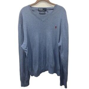 Polo Ralph Lauren V-Neck Sweater Men XL Blue Pima Cotton Lightweight Red Pony